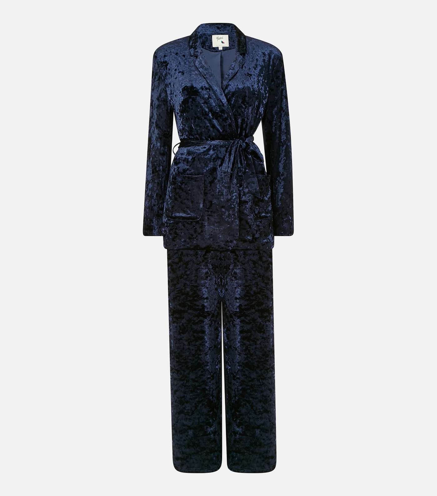 Yumi Navy Velvet Pocket Front Belted Wrap Jacket Image 4