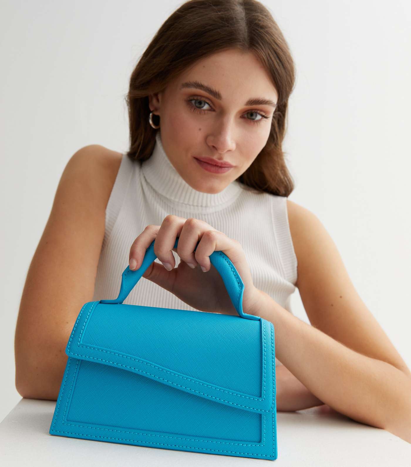 Blue Leather-Look Asymmetric Top Handle Bag Image 2