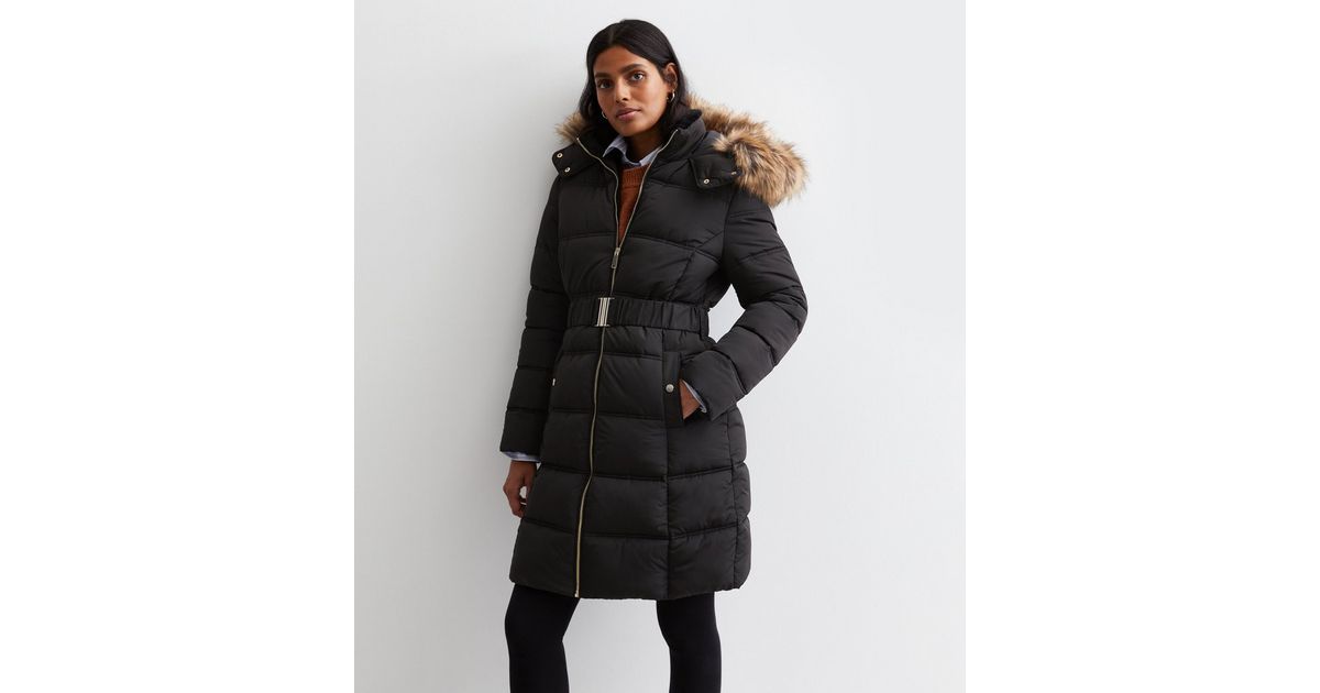 Black Faux Fur Hood Belted Puffer Coat