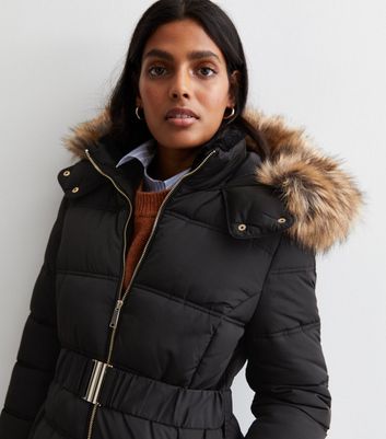 Black Faux Fur Hood Belted Puffer Coat New Look