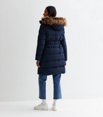Navy Faux Fur Hood Belted Puffer Coat New Look