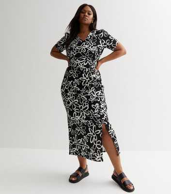 Curves Black Floral Ruched Midi Wrap Dress