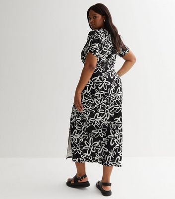 Curves Black Floral Ruched Midi Wrap Dress New Look