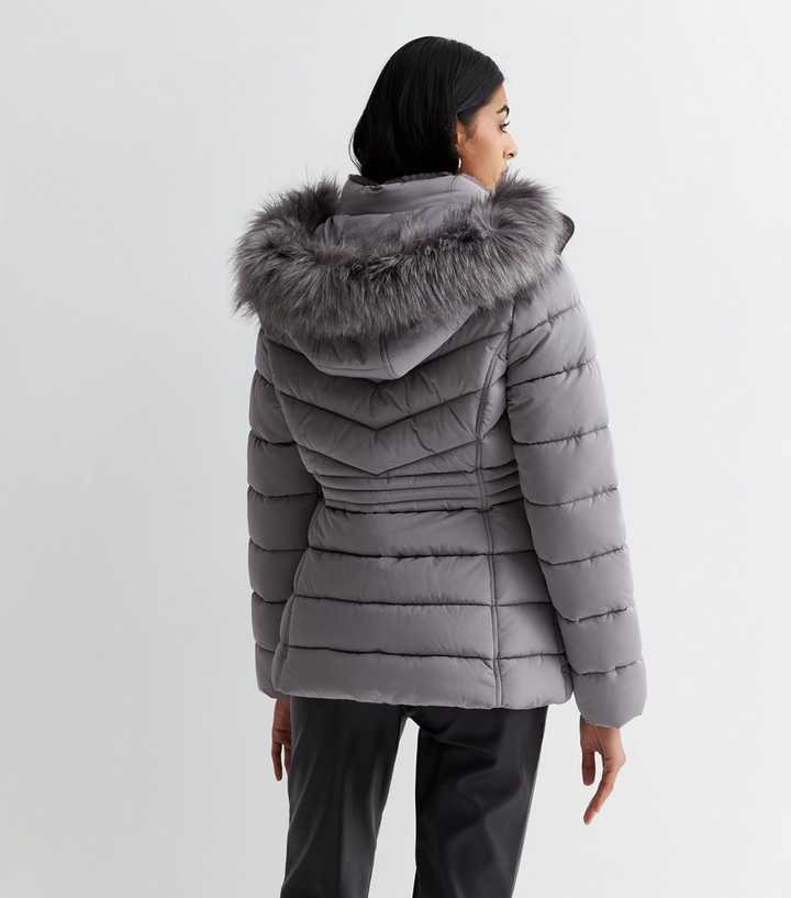 Grey Faux Fur Trim Hooded Puffer Jacket