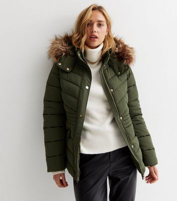 Khaki puffer jacket hot sale with faux fur hood