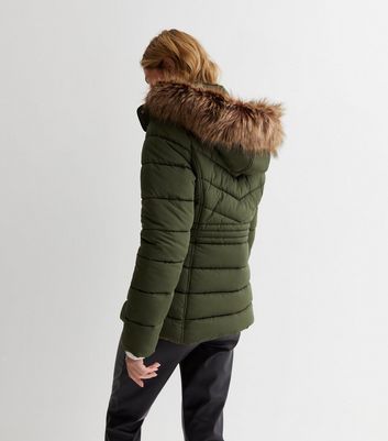 Khaki Faux Fur Trim Hooded Puffer Jacket New Look