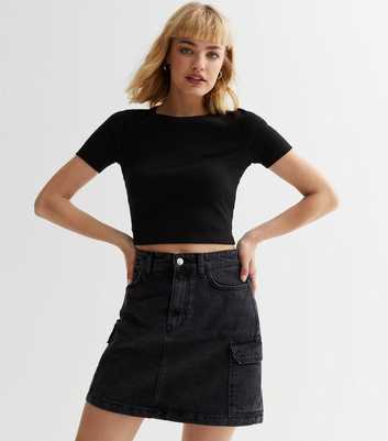 Black Denim Cargo Mini Skirt