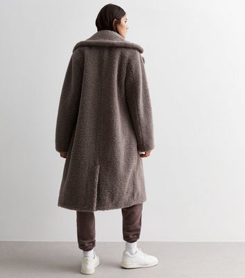 Grey Teddy Long Coat New Look