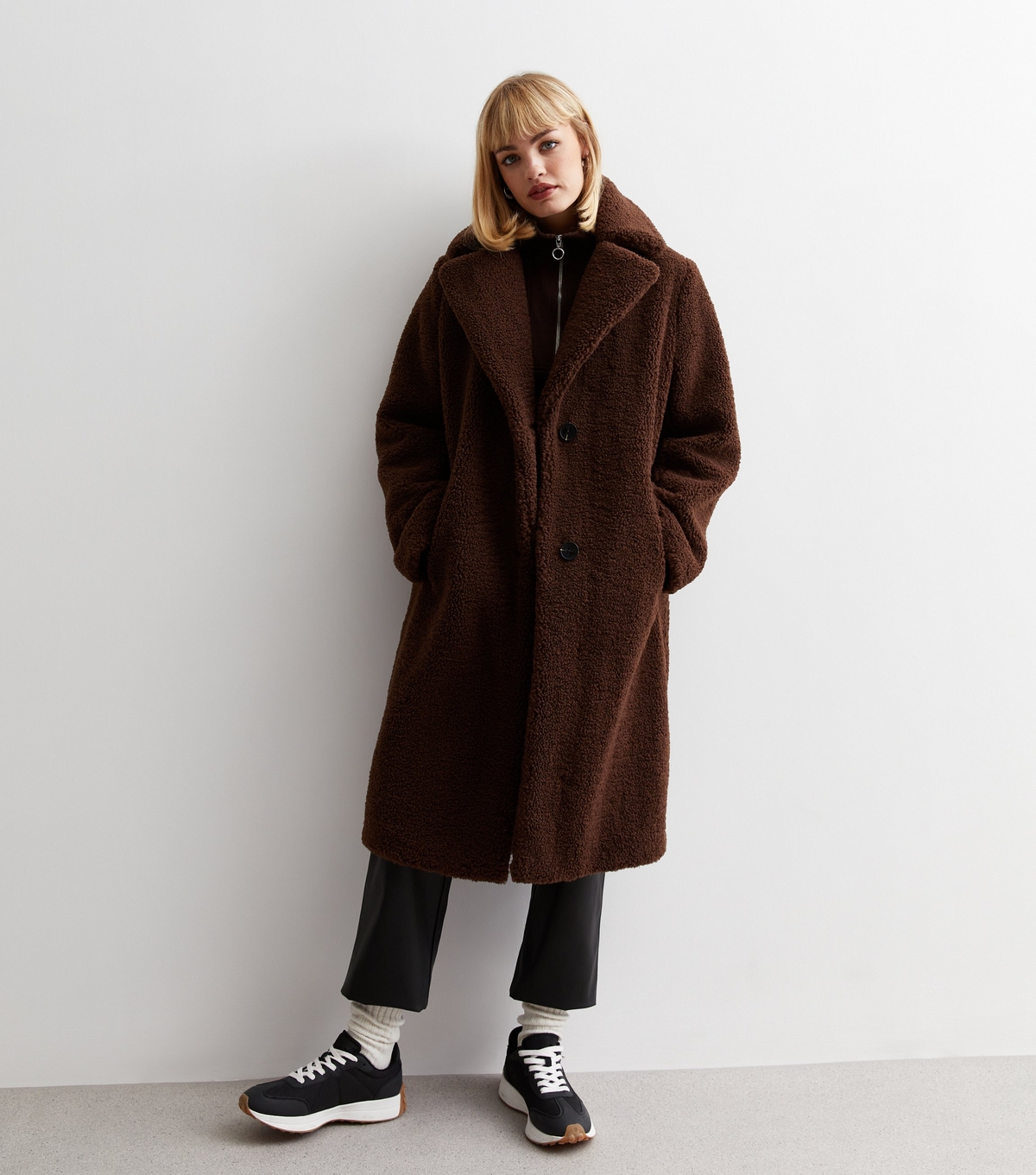 Women's Dark Brown Teddy Long Coat New Look