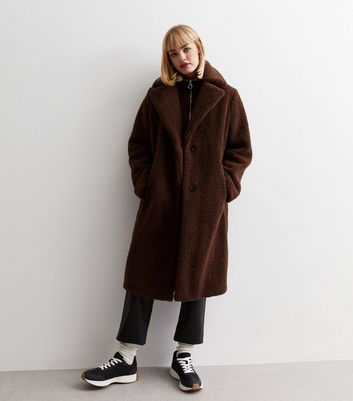 Dark Brown Teddy Long Coat | New Look