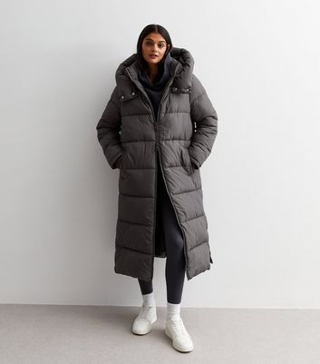 Dark Grey Hooded Longline Puffer Coat New Look