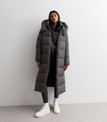 Dark Grey Hooded Longline Puffer Coat New Look