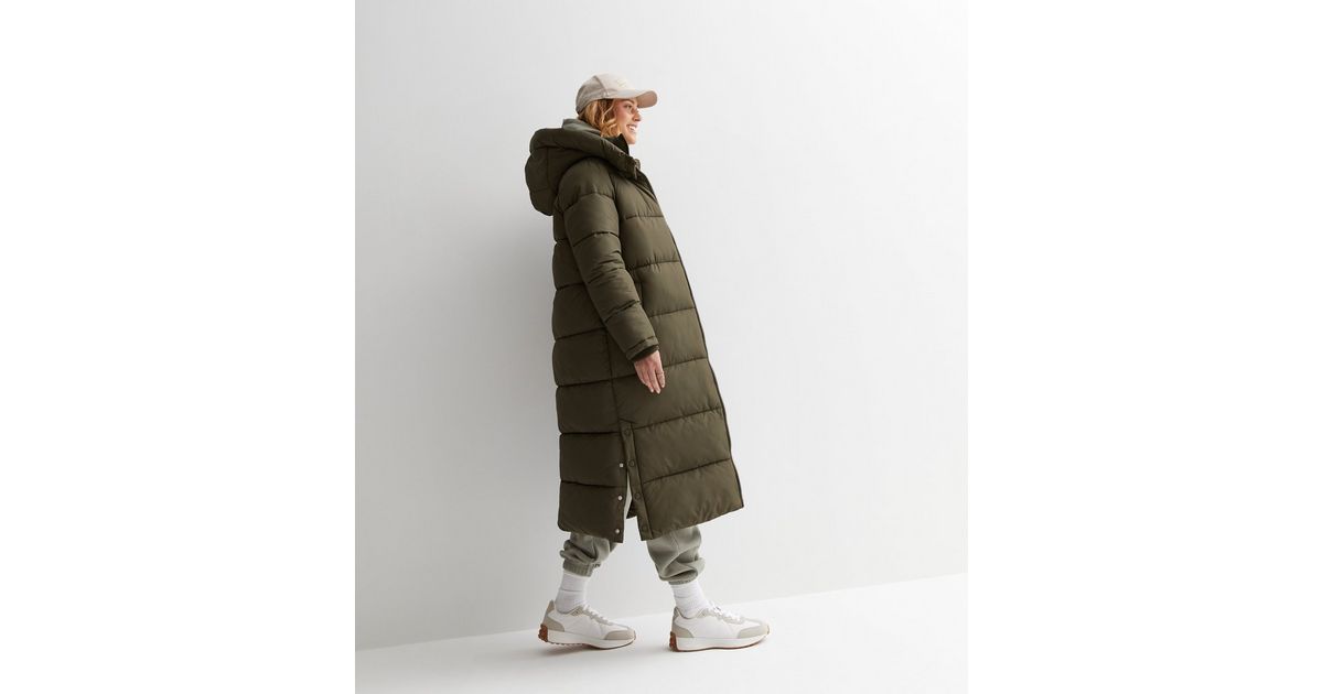Khaki Hooded Longline Puffer Coat New Look