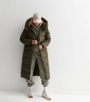 Khaki Hooded Longline Puffer Coat