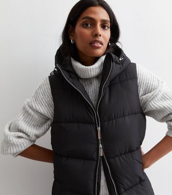 Black Long Hooded Puffer Gilet | New Look