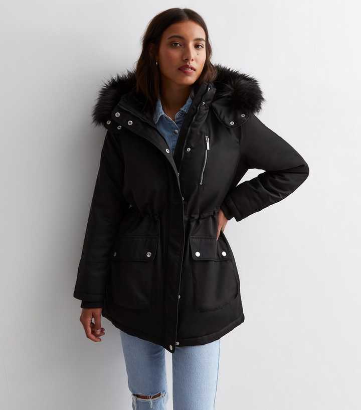 Black Faux Fur Lined Hooded Parka Jacket