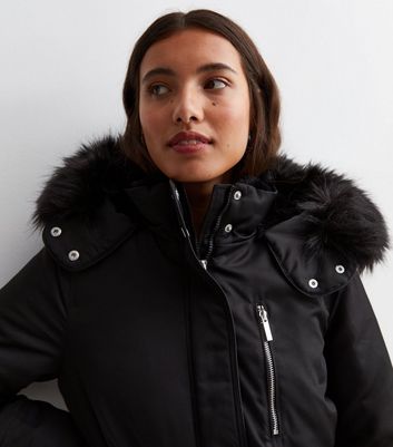 Black Faux Fur Lined Hooded Parka Jacket New Look