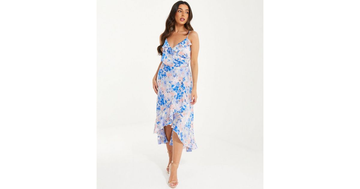 QUIZ Petite Pale Blue Floral Frill Midi Wrap Dress New Look