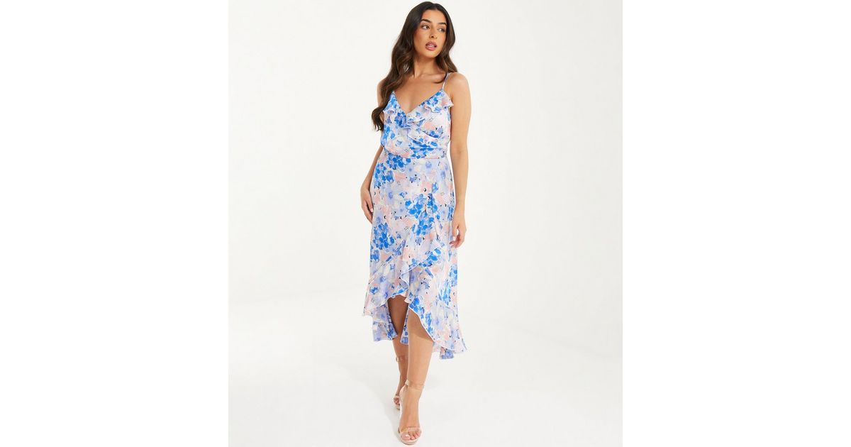 QUIZ Petite Pale Blue Floral Frill Midi Wrap Dress | New Look