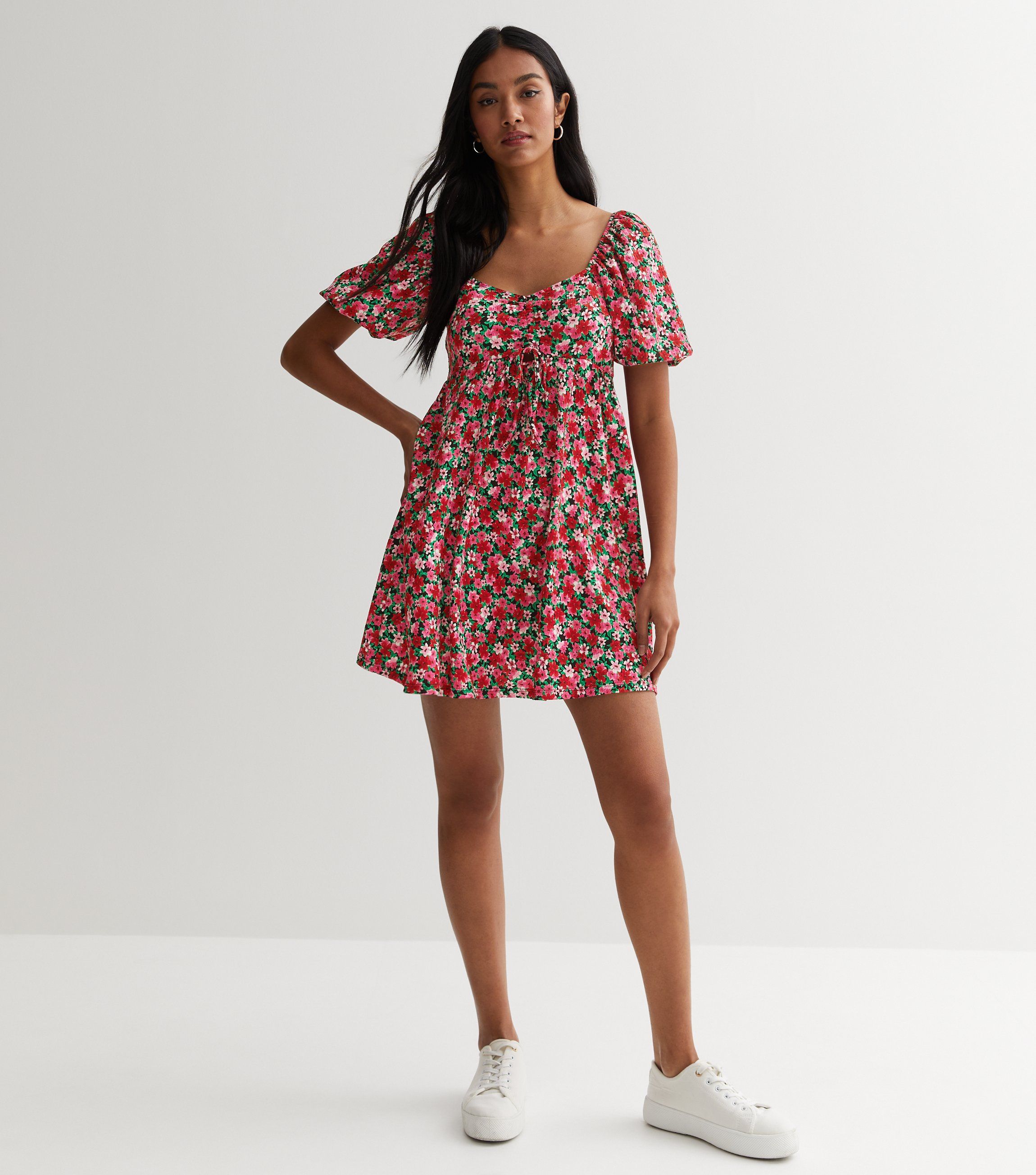 New Look Red Ditsy Floral Ruched Puff Sleeve Mini Dress