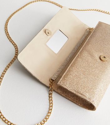 Gold Glitter Chain Strap Clutch Bag New Look