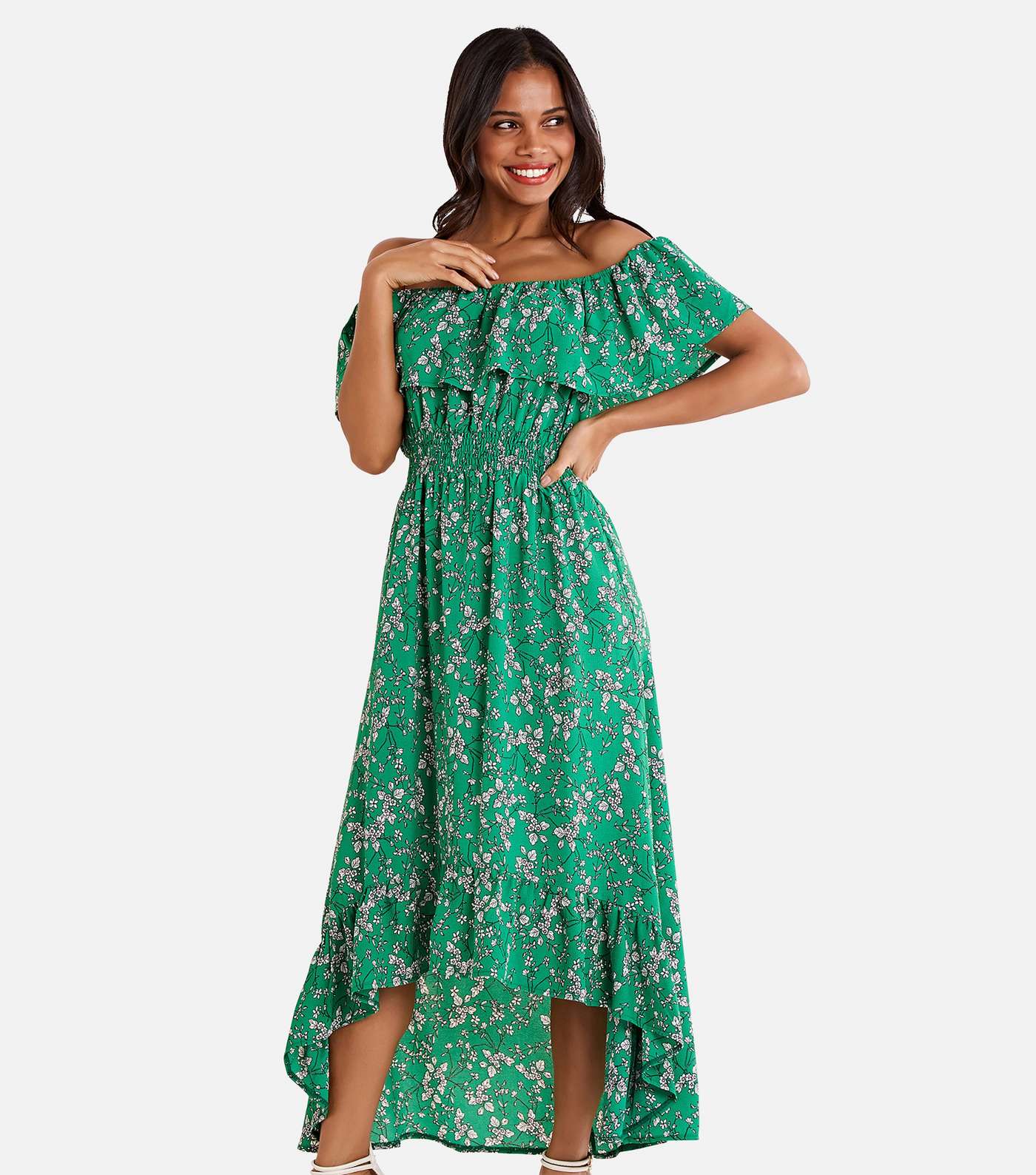 Mela Green Ditsy Floral Frill Dip Hem Maxi Dress Image 2