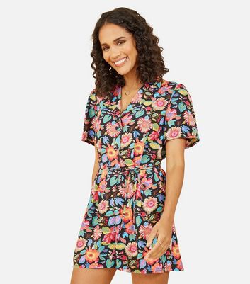 Yumi Multicoloured Floral Button Front Playsuit New Look