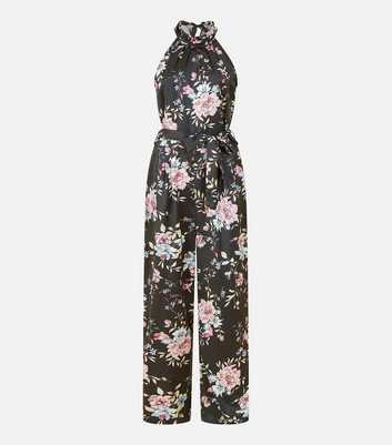 Yumi Black Floral Satin Halter Neck Belted Jumpsuit