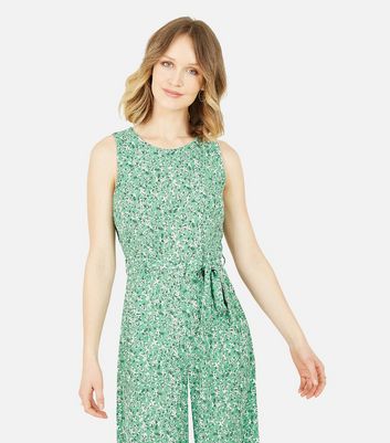 Mela Green Floral Tie Waist Crop Jumpsuit New Look
