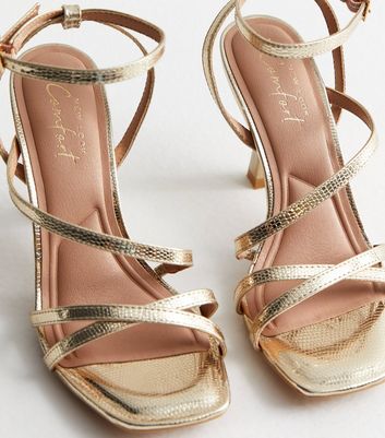 Golden Block Heel - Golden Color Transparent Stripe High Heel For Women |  Latest Fancy Sandal For