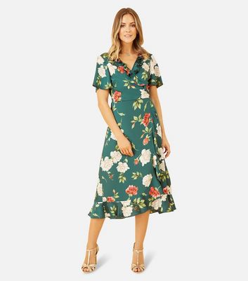 Yumi Green Rose Satin Frill Midi Dress New Look