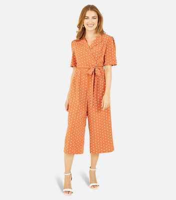 Yumi Orange Polka Dot Collared Wrap Crop Jumpsuit