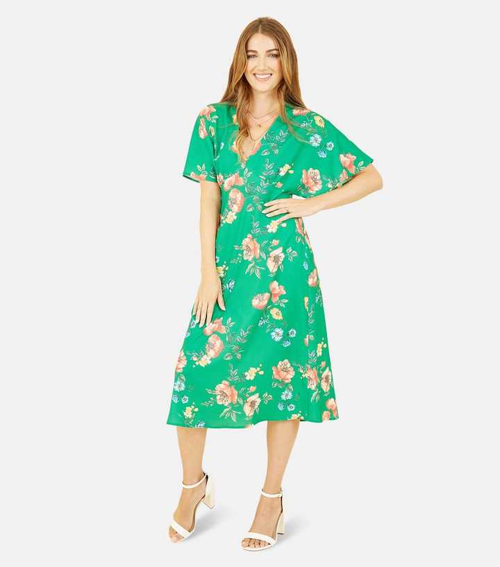 Yumi Green Floral V Neck Short Sleeve Midi Dress