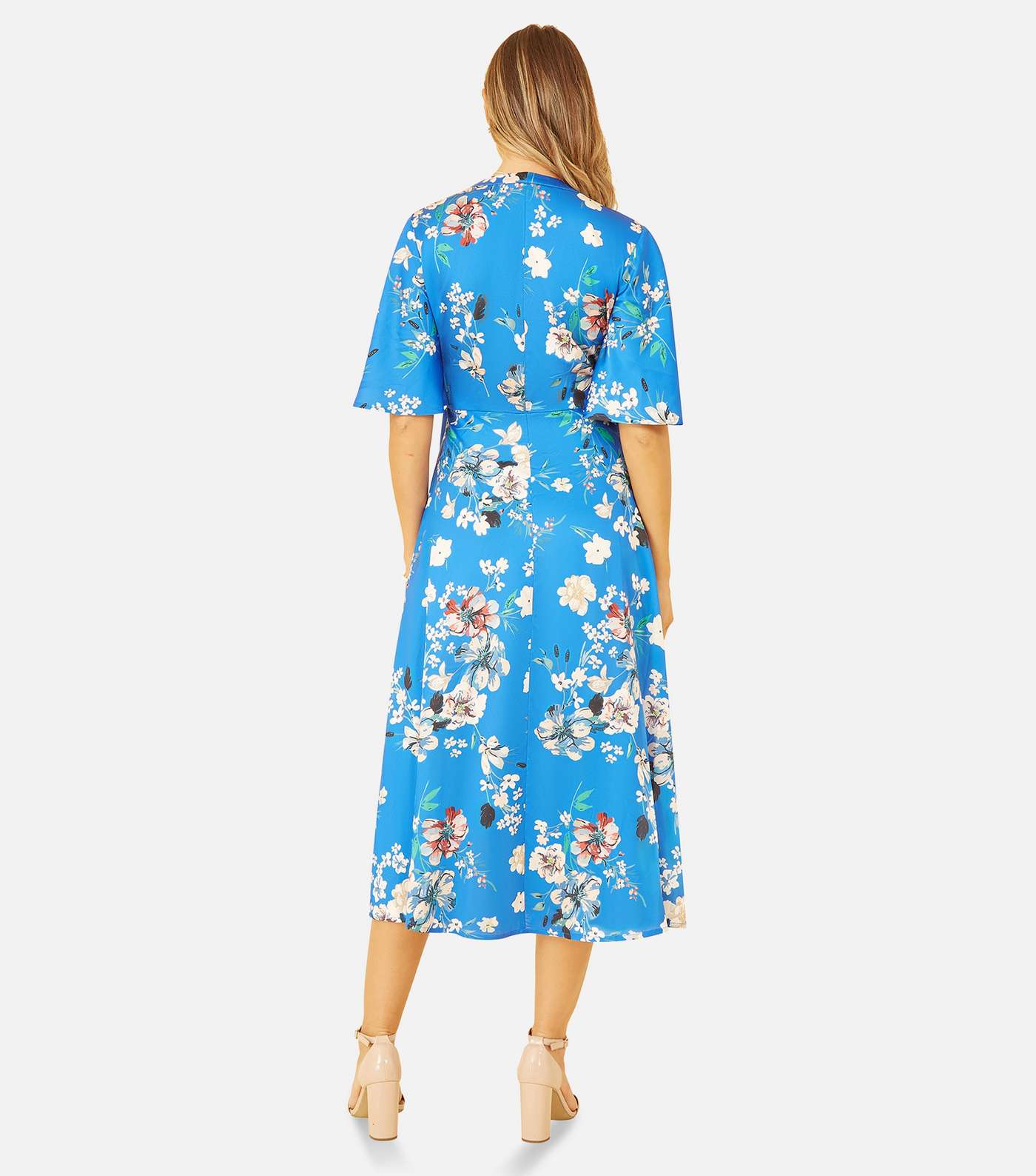 Yumi Blue Floral Short Flutter Sleeve Midi Wrap Dress Image 3
