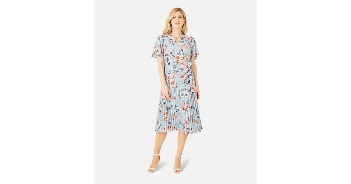 Yumi Light Blue Floral Pleated Midi Dress | New Look