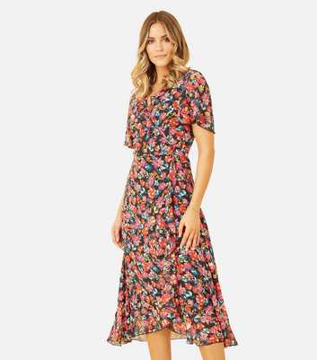 Yumi Black Floral Chiffon Frill Midi Wrap Dress