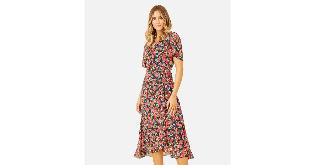 Yumi Black Floral Chiffon Frill Midi Wrap Dress | New Look