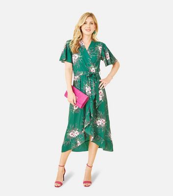 Mela Green Floral Wrap Midi Dress New Look