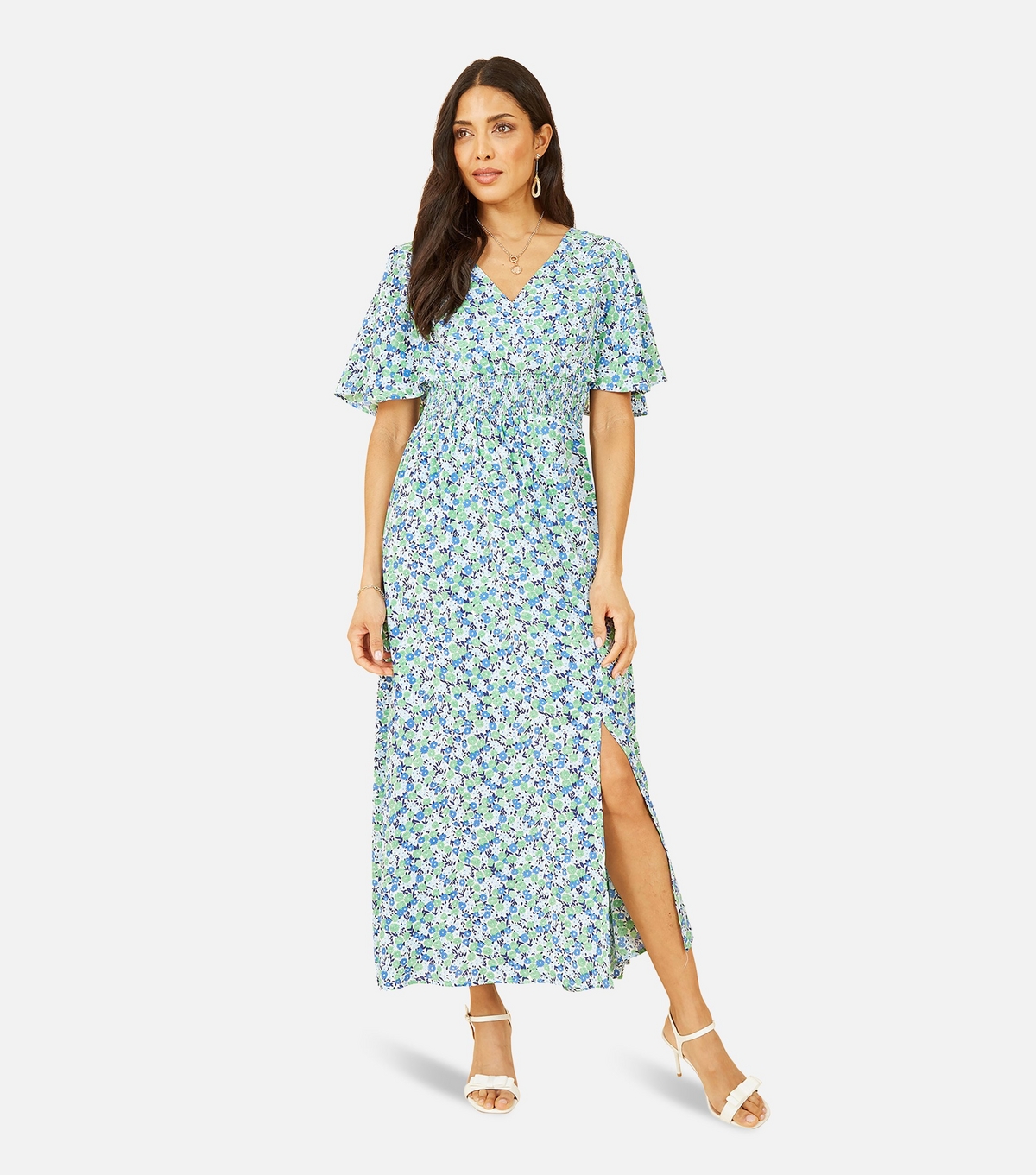 Women's Green Ditsy Floral Shirred Midi Wrap Dress Yumi New Look