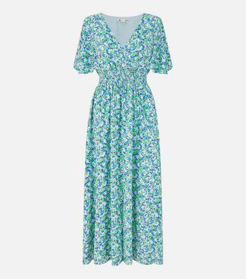 Yumi Green Ditsy Floral Shirred Midi Wrap Dress New Look