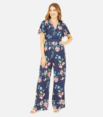 Yumi Navy Floral Flutter Sleeve Wrap Wide Leg Jumpsuit