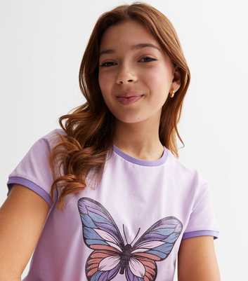 Girls Lilac Butterfly Logo Ringer T-Shirt