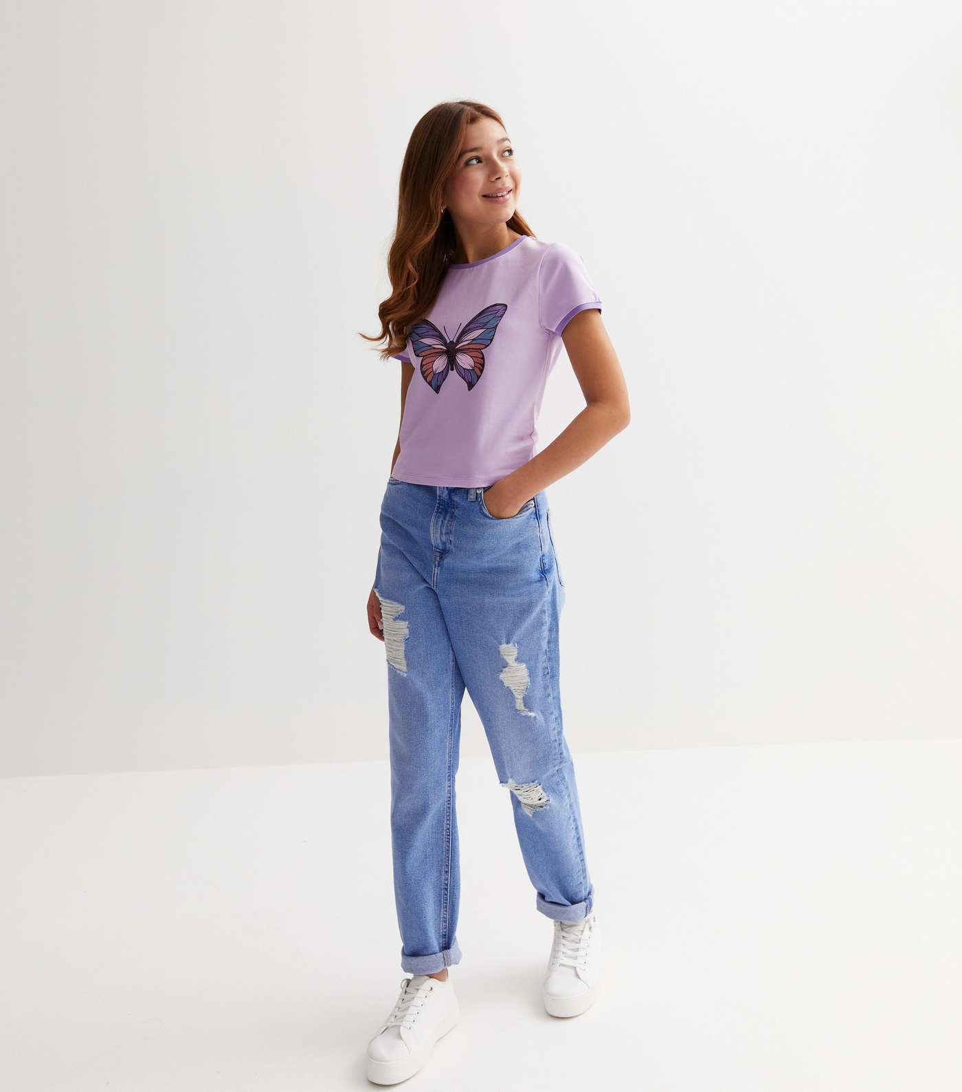 Girls Lilac Butterfly Logo Ringer T-Shirt Image 3