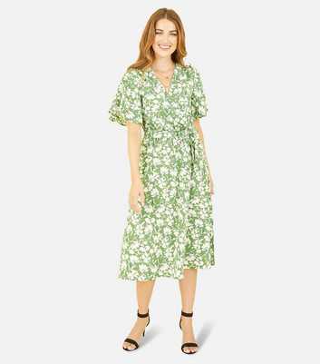 Yumi Green Floral V Neck Short Flutter Sleeve Midi Wrap Dress