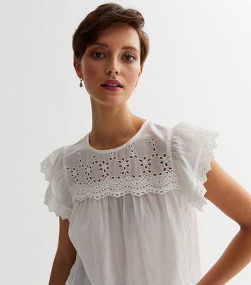 White Broderie Frill Sleeve Top New Look