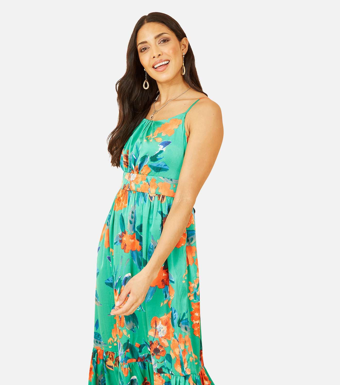 Yumi Green Floral Satin Tiered Strappy Maxi Dress Image 2