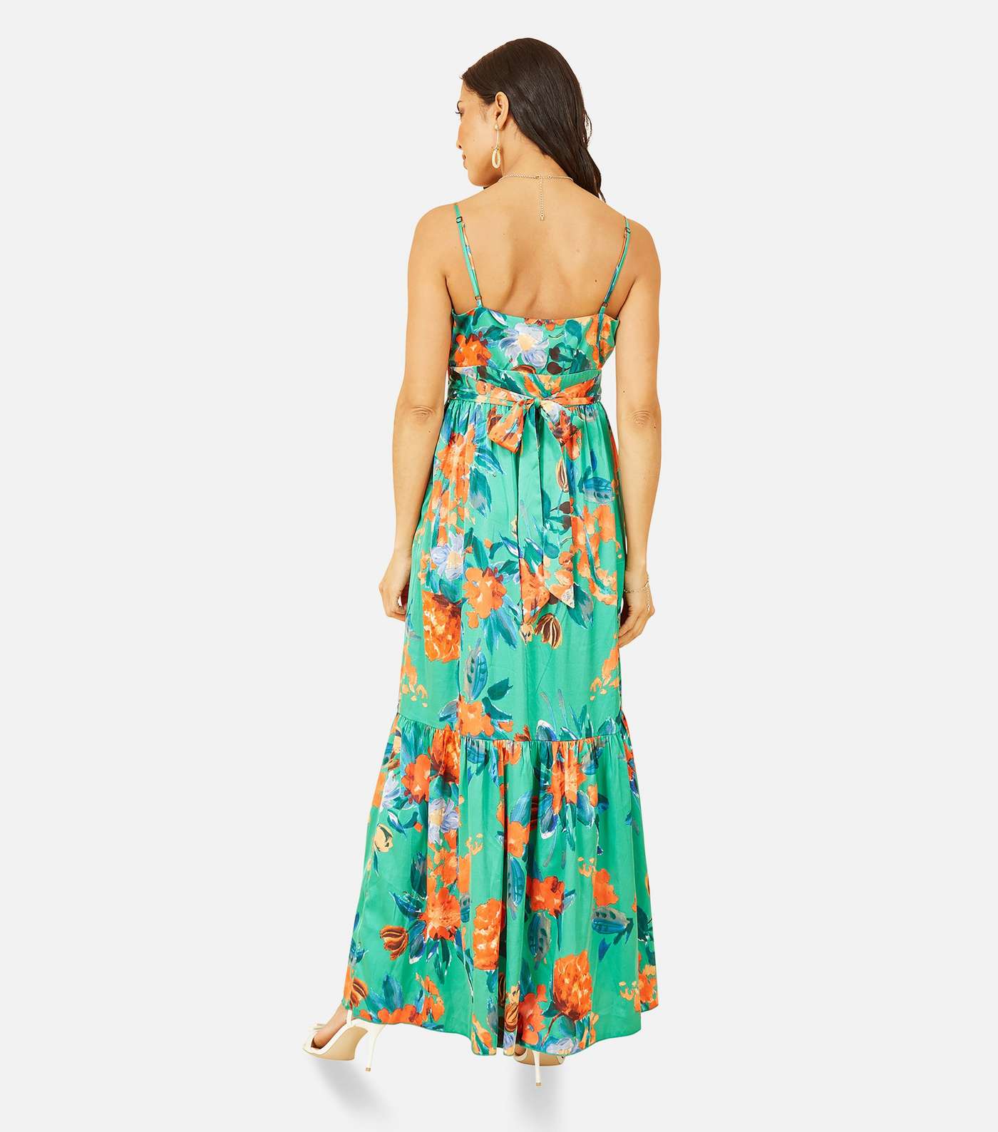 Yumi Green Floral Satin Tiered Strappy Maxi Dress Image 4