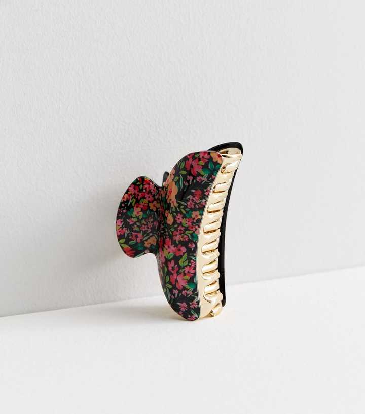 Black Ditsy Floral Bulldog Claw Clip