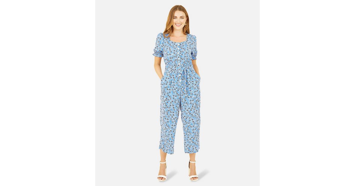 Yumi Blue Denim Stretch Fitted Jumpsuit