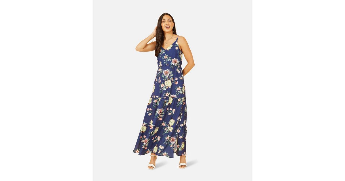 Yumi Navy Floral V Neck Strappy Maxi Dress | New Look